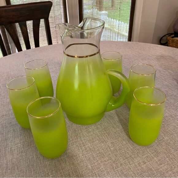 Vintage MCM Kitchen Blendo Lime Green Pitcher 6 Glass Set - Picture 6 of 10